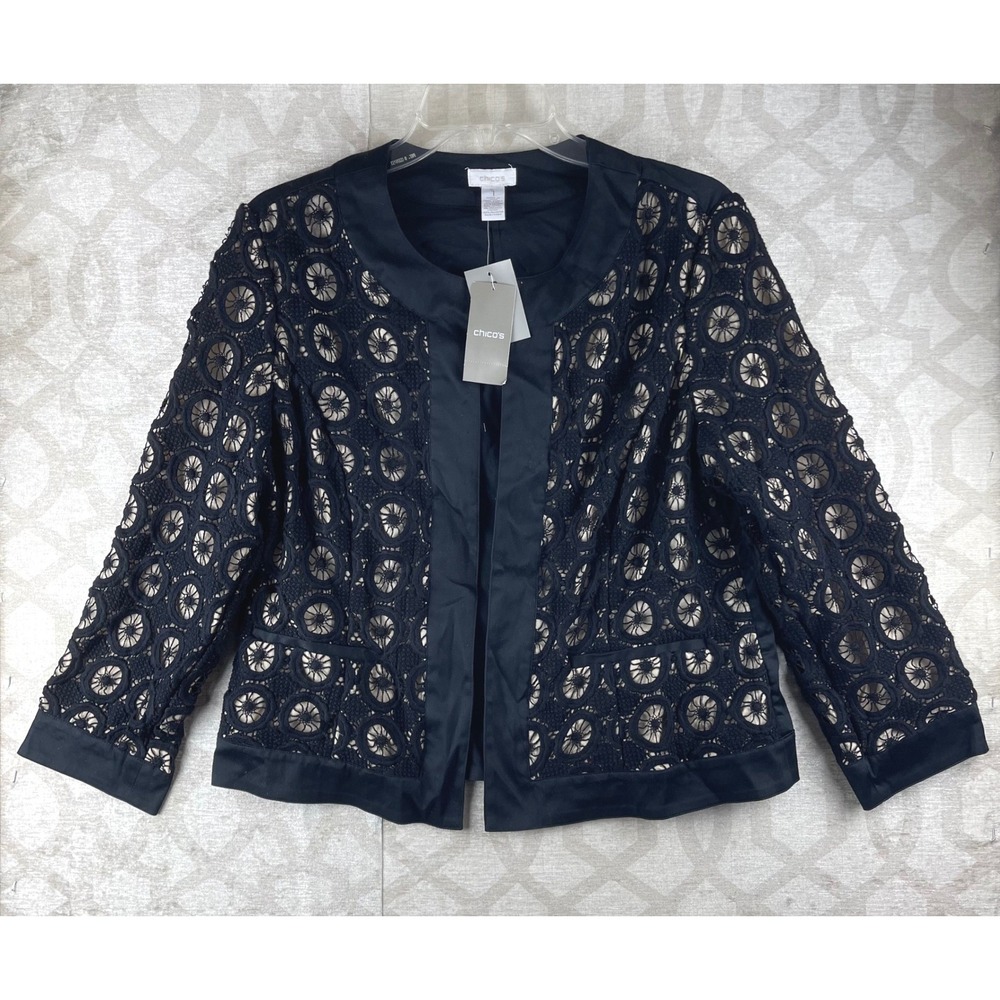 Chico's Modern Lace Jacket Open Front Women 1 Medium Black NWT Embroidered